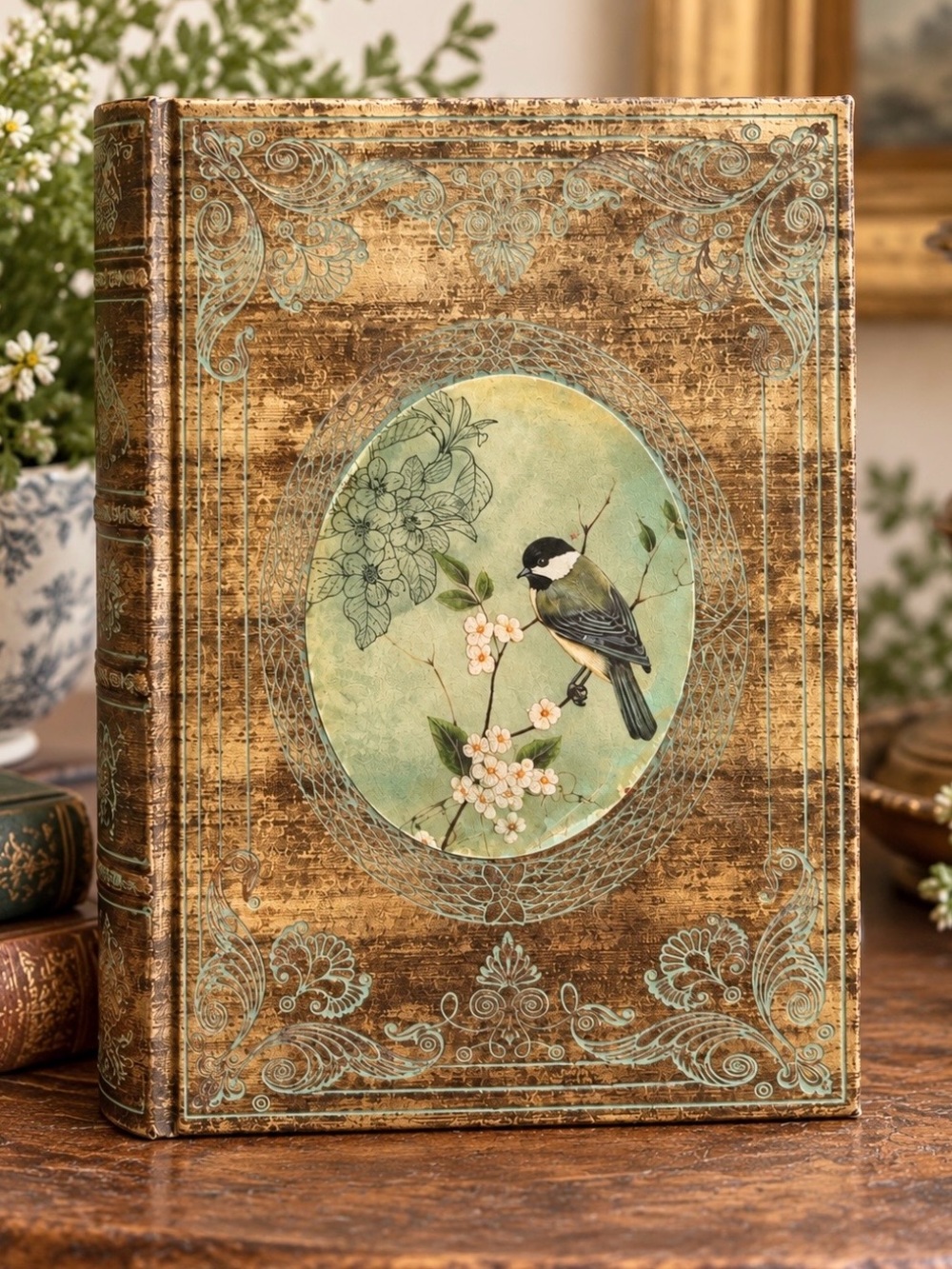 Decorative Faux Book | Storage Box. Lined Distressed | Metallic | Bird | Ornate